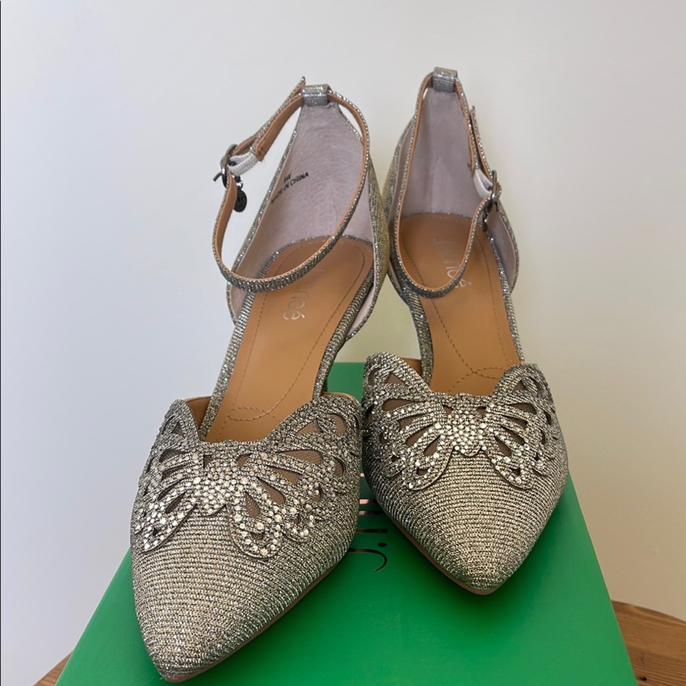 J.Renee Silver Heels with Perforated Design and Ankle Strap
